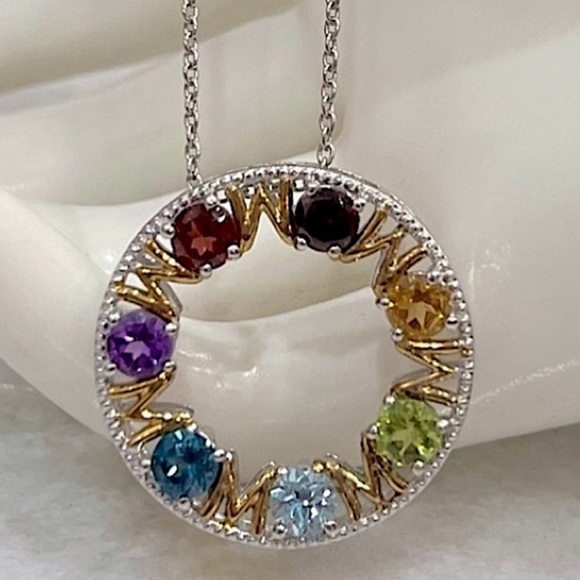 Jewelry - MOM Multigemstone 14K YG Sterling Silver Eternity Pendant Necklace